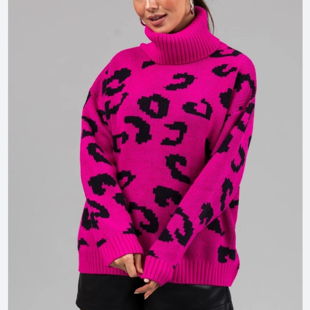 She + Sky Fuchsia and Black Leopard Turtleneck Sweater